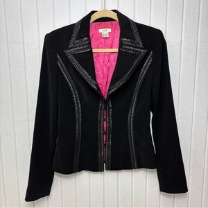 Vintage Cache Black Suit Jacket With Braided Faux Leather Piping Women’s Size 2